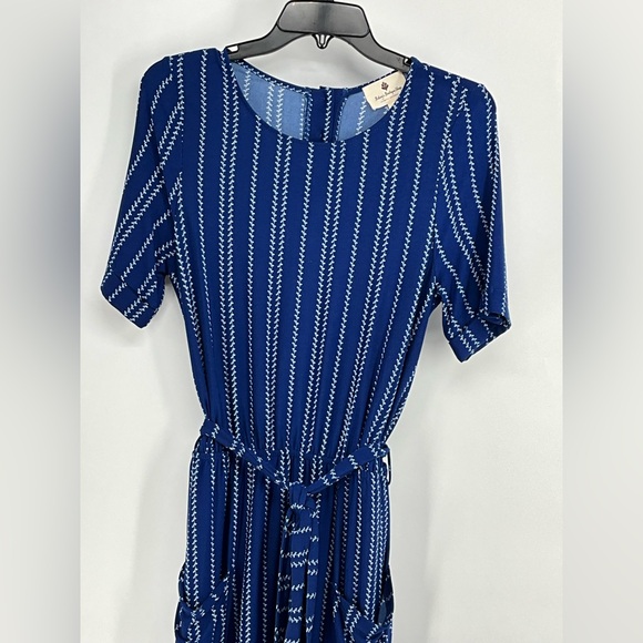 Betsey’s Boutique Shop Navy Blue Striped Slip Lined Pocket Button Back Dress L - Picture 2 of 7